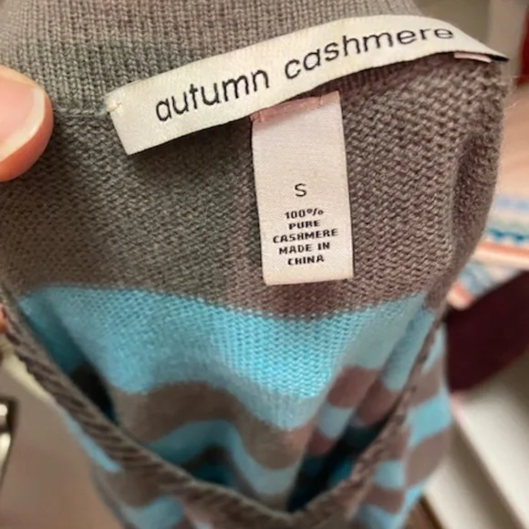 Autumn Cashmere 100% Stripe Beaded Long Sleeve Tunic Sweater Turquoise Gray - Picture 10 of 10